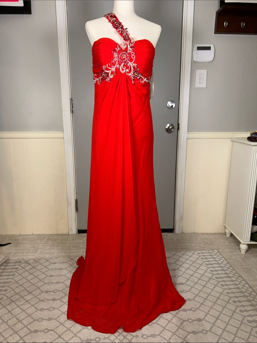 FIESTA Y2K Red One Shoulder Chiffon Prom Dress Beaded, Evening Gown, Size Large